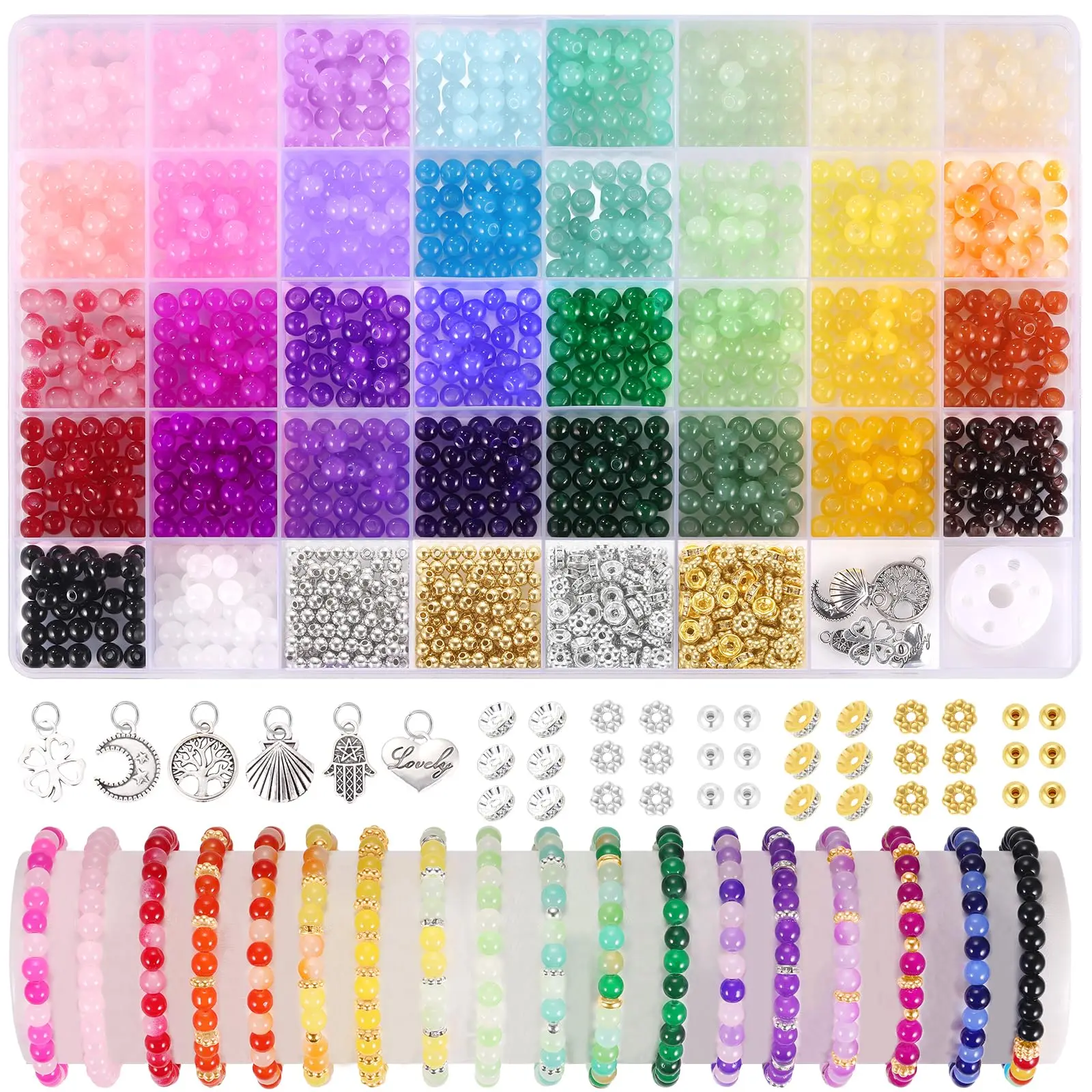 1368pcs 6mm Glass Beads for Bracelets Jewelry Making Supplies 34-Colors Crystal Round Glass Beads for DIY Earrings Necklace Crafts with Spacer Beads and Charms, Solid and Gradient Colors