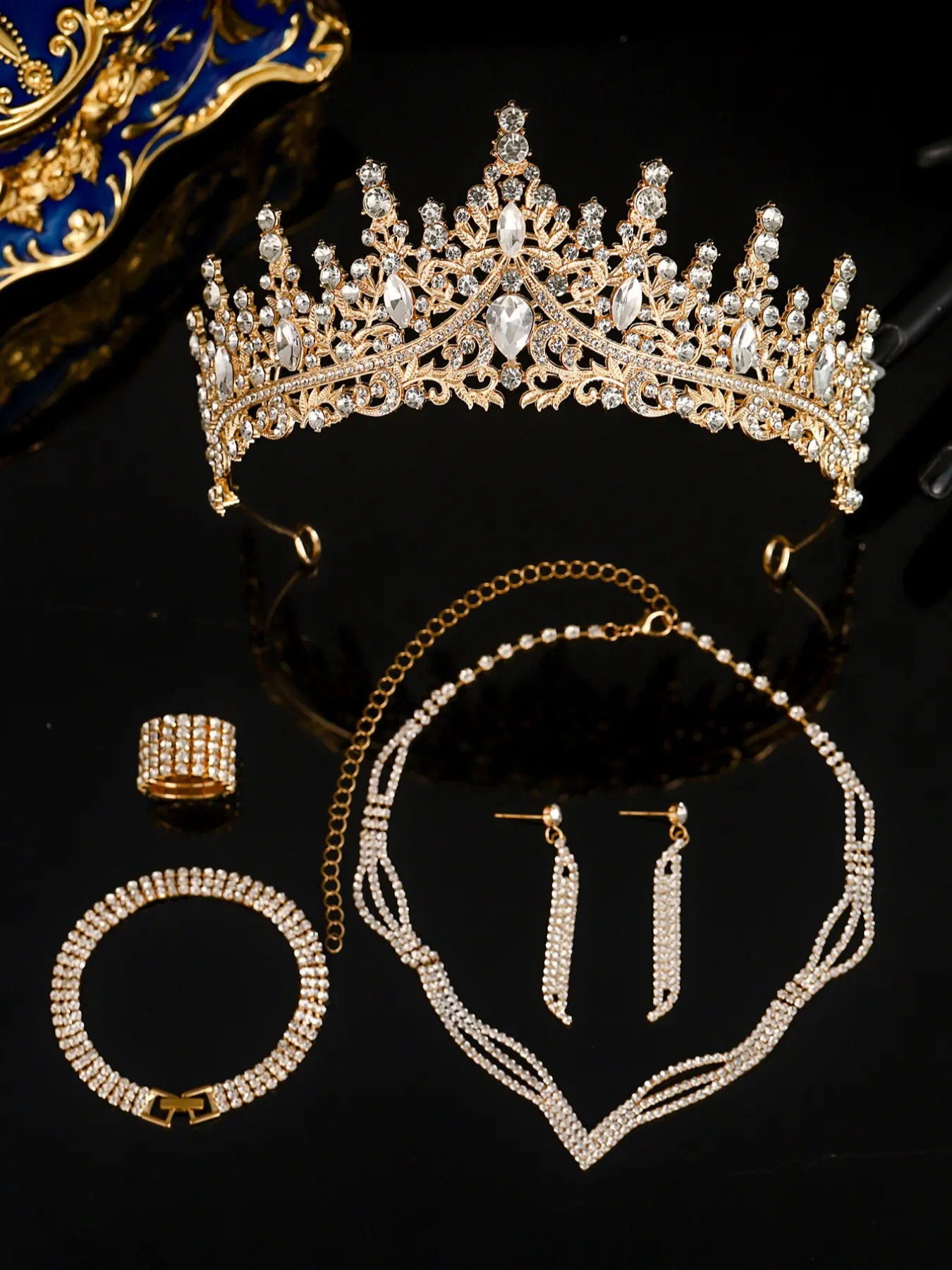 Princess Crown Set with Necklace Earrings Ring, 6 Piece Costume Jewelry Kit for Wedding Birthday Party, Elegant Dress Up Accessories