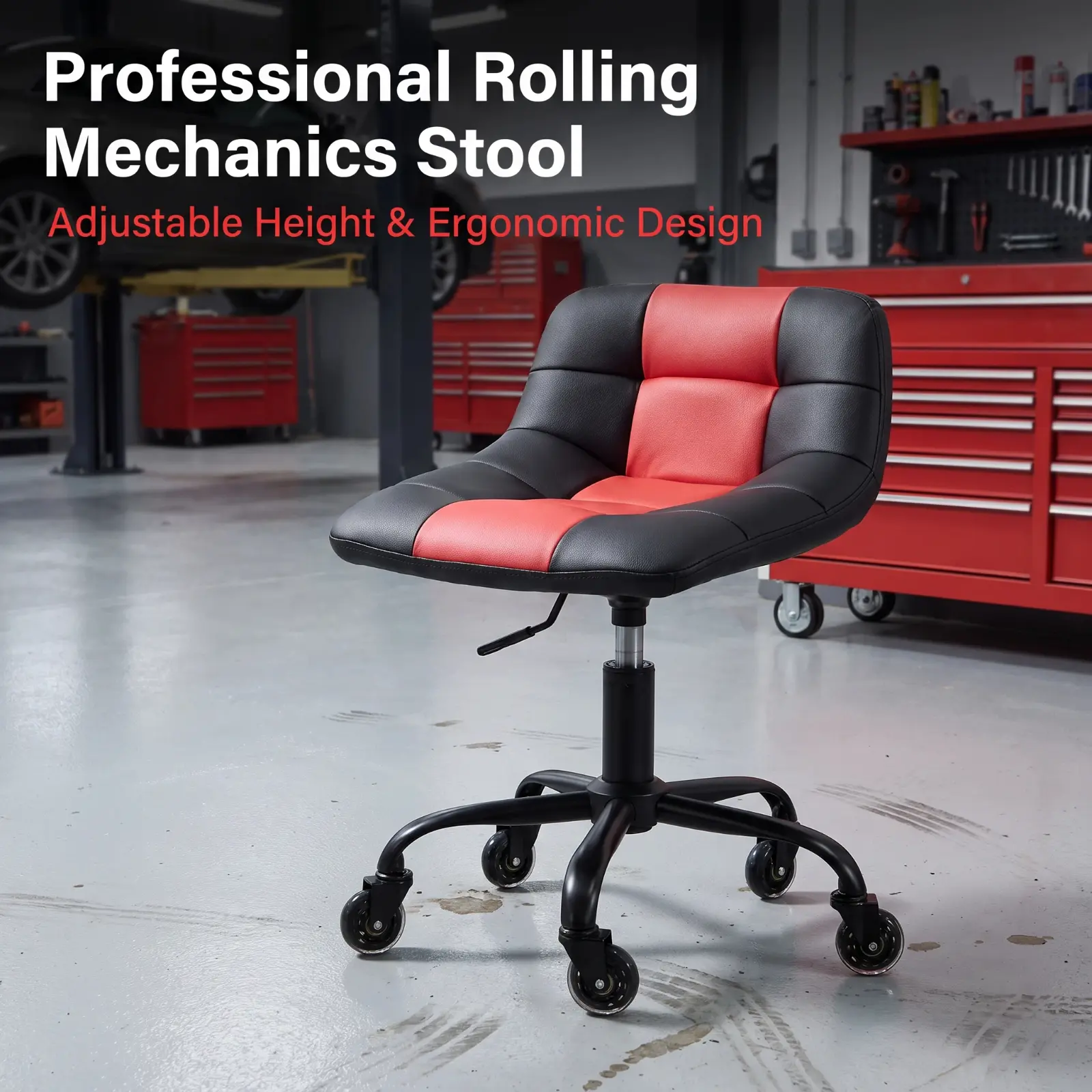 Rolling Garage Stool with Backrest, Adjustable Height PU Leather Workshop Stool with Wheels, Padded Swivel Work Seat for Auto Repair