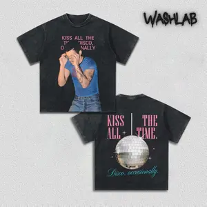 Harry Styles Kiss All The Time Disco Occasionally Washed – Double Sided Print Oversized Acid-Washed Heavyweight Cotton T-Shirt – Unisex Music Tee, Perfect Gift for Music Fans and Lovers Menswear Tops
