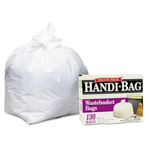 Handi-Bag HAB 6FW130 Super Value Plastic Trash Bags, 8 Gal, 0.55 Mil, 21.5x24 In, White, 130-Count Box for Home/Office