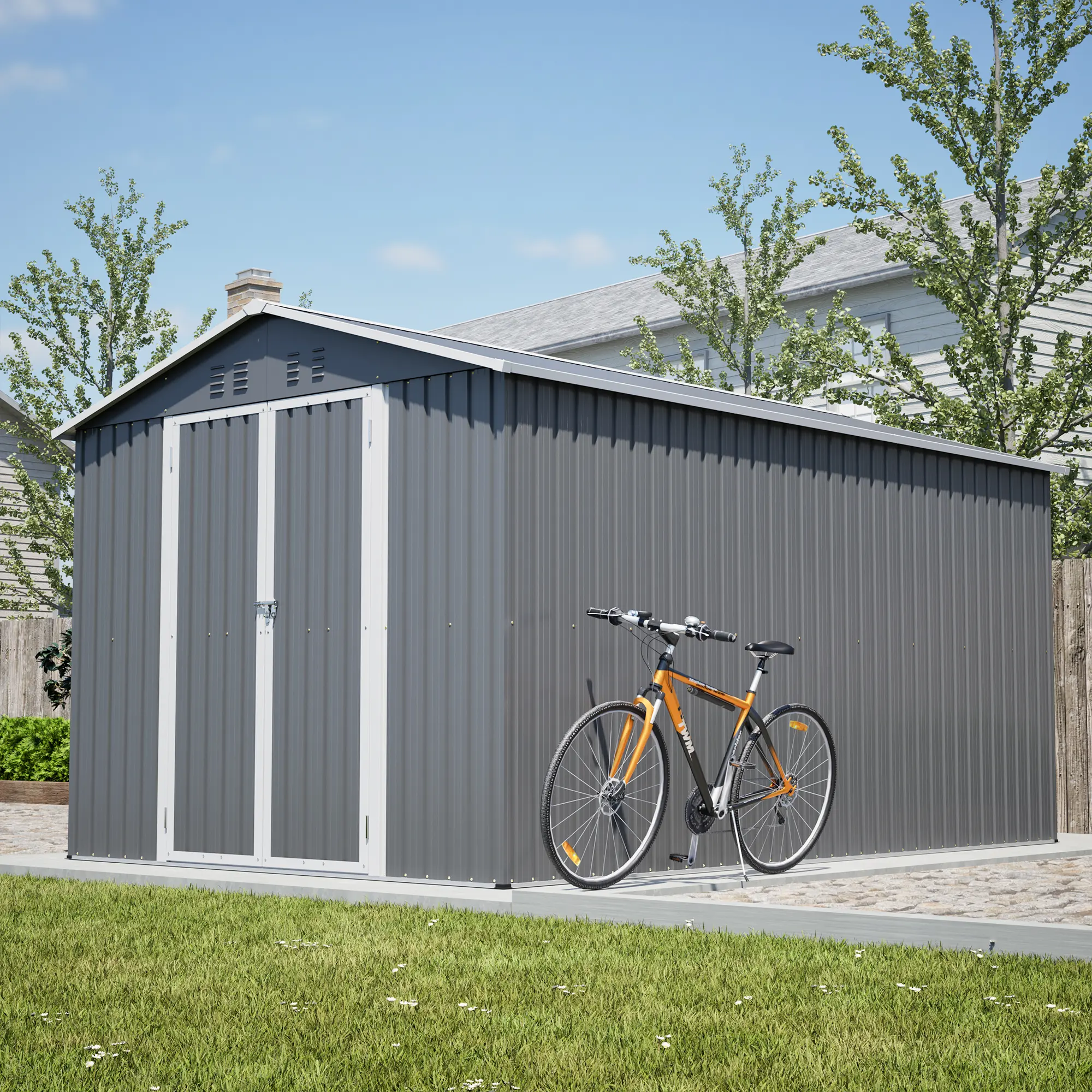8x12 FT Grey Weatherproof Metal Storage Shelter Shed with Floor Frame, Side Door & Lockable Access, Large Aluminum Frame Tool Shed for Backyard, Garden - Choose Single or Double Door, Weatherproof Metal Shed