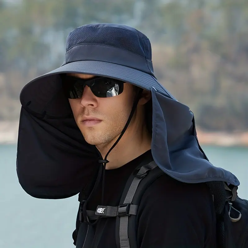 Men's Summer Face-Shading Hat — Wide-Brimmed Outdoor Fishing Hat with Neck Flap for Sun Protection; Extra-Wide Brim Bucket Hat with Shawl-Style Face and Neck Cover