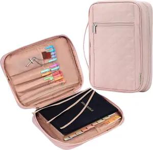 Bible Cover for Women, Durable Carrying Book Case Church Bag for Biblical Accessories with Handle and Zippered Pocket, for Scriptures, Pink