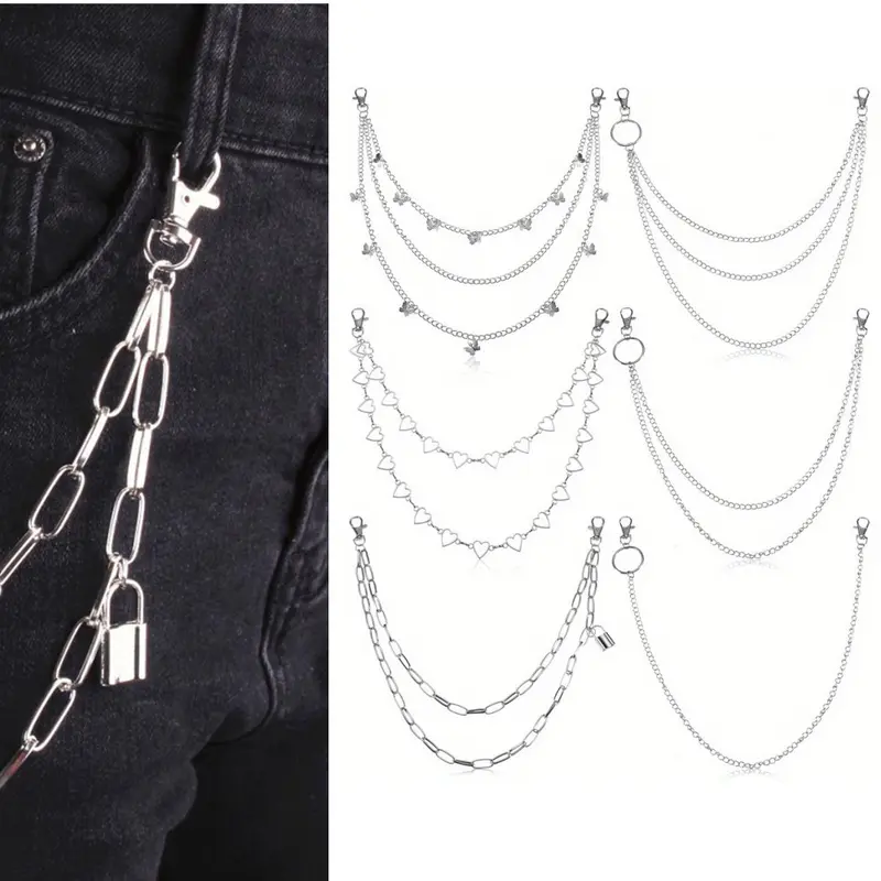 6 Pieces Chain Belt Jeans Pants Chain Pocket Waist Chain Multi-Layer Hip Hop Metal Wallet Chain for Men Women