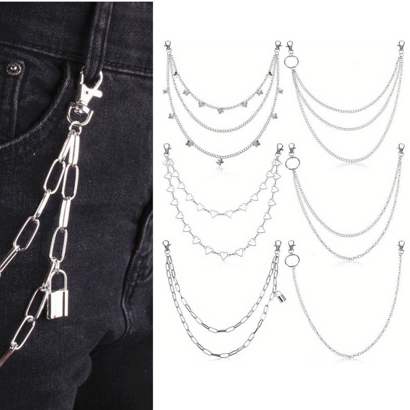 6 Pieces Chain Belt Jeans Pants Chain Pocket Waist Chain Multi-Layer Hip Hop Metal Wallet Chain for Men Women