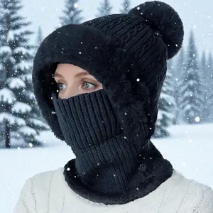 Winter Scarf Beanie Hat Cap 2-in-1 Fleece Lined Cable Knit Neck Warmer Ear Warm Hat Thermal Face Cover for Skiing Snowboarding Outdoor Cold Weather