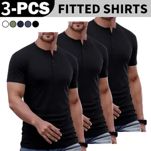 Men's Henley Neck Short Sleeve T-Shirt, Casual Button Top with 3 Buttons, Lightweight Breathable Everyday Tee for Summer, Outdoor Work & Casual Streetwear,summervibes