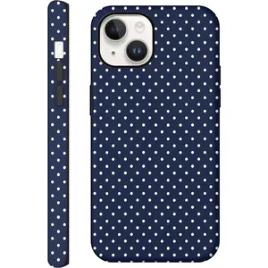 Glossy 2-Layer Hybrid Hard Shell Casing for iPhone 15, Navy Blue Polka Dot Aesthetic, Scratch-Resistant Smartphone Cellphone Protection Accessory