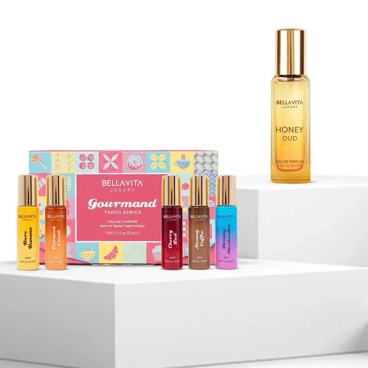 Gourmand Discovery Gift Set by BellaVita Luxury | Perfume Combo Gift Set for Women | 5 Gourmand Mini Perfumes 10 ml Each & Honey Oud 20 ml | Long Lasting Eau De Parfum | Dessert-Inspired Scents | Vegan & Cruelty Free