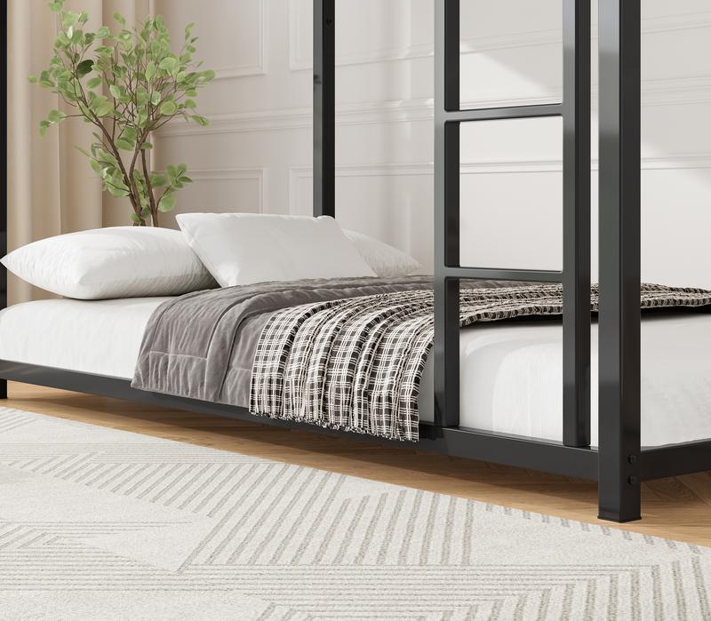 Twin Over Twin Metal Bunk Bed, Low Bunk Bed with Ladder, Bed Frame,Black, Sturdy Steel Construction, Safe Design, Easy Assembly, 250lb Upper Bed Capacity, 350lb Lower Bed Capacity