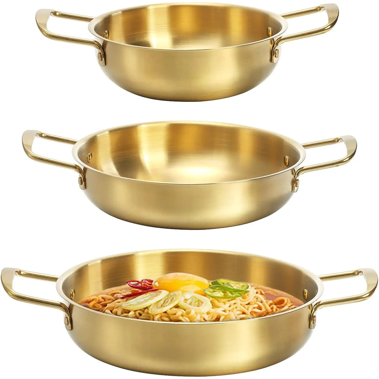 3-Piece Golden Stainless Steel Korean Ramen Noodle Pot Set with Handles, Cookware for Soup & Pasta, Dishwasher Safe, 7in, 8.7in, 9.5in Sizes for Home Use