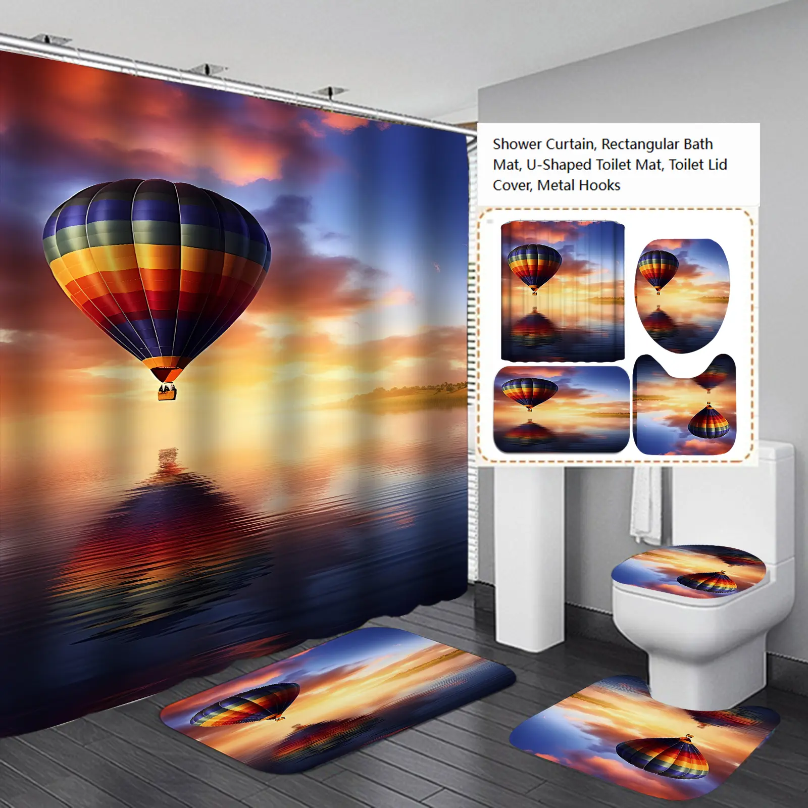 72x72 in Hot Air Balloon Sunset Landscape Bathroom Shower Curtain Set - 4-Piece Set with Waterproof Privacy Curtain, Non-Slip Absorbent Sponge Bath Mat, Metal Decor Hooks