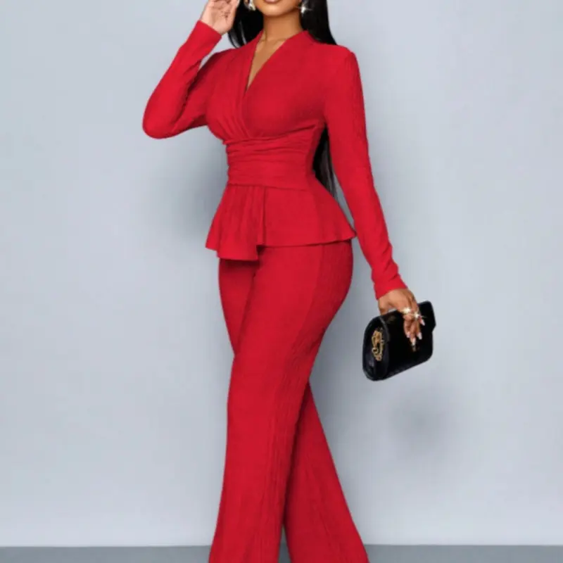 Women's Apricot Color Elegant Elegance Chic V Neck Long Sleeve T-Shirt And Wide Leg Pants Two Piece Set Suits, Asymmetrical Hem Two-Piece Outfits, Casual Daily Wear, Womenswear Clothes Coordinate Matching Sets