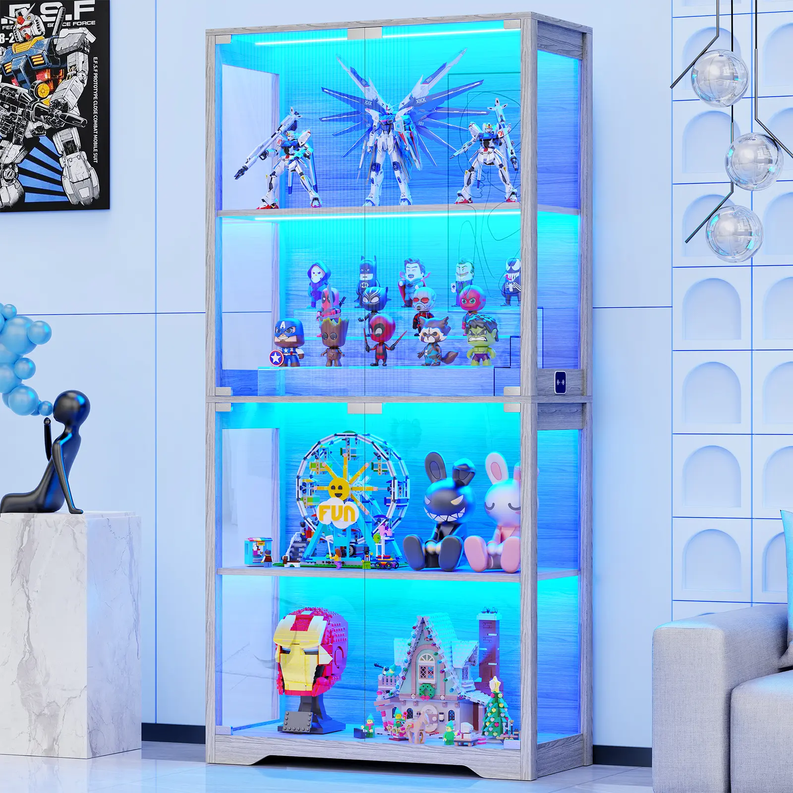 BROTTAR Modern 4-Tier Glass Door Display Cabinet, Multi Layer Storage Cabinet with 3 Colored Lights, Curio & Bookcase for Collectibles, Toys, Books in Playroom, Bedroom, Gray, Modern Storage Cabinet, Multi Layer Cabinet