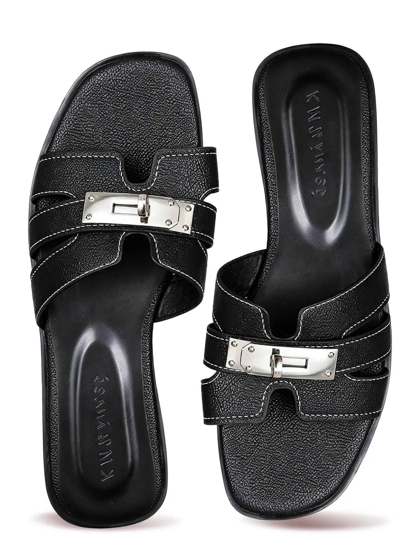 Women's Luxury H-Type Metal Buckle Flat Slippers, Wide Fit for Big Feet, Comfortable Soft Insole, Casual PU Rubber Sole, Plain Design, Casual Fashion Footwear