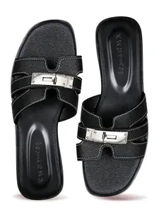 Luxury H-Type Metal Buckle Flat Slippers, Wide Fit for Big Feet, Comfortable Soft Insole, Casual PU Rubber Sole, Plain Design