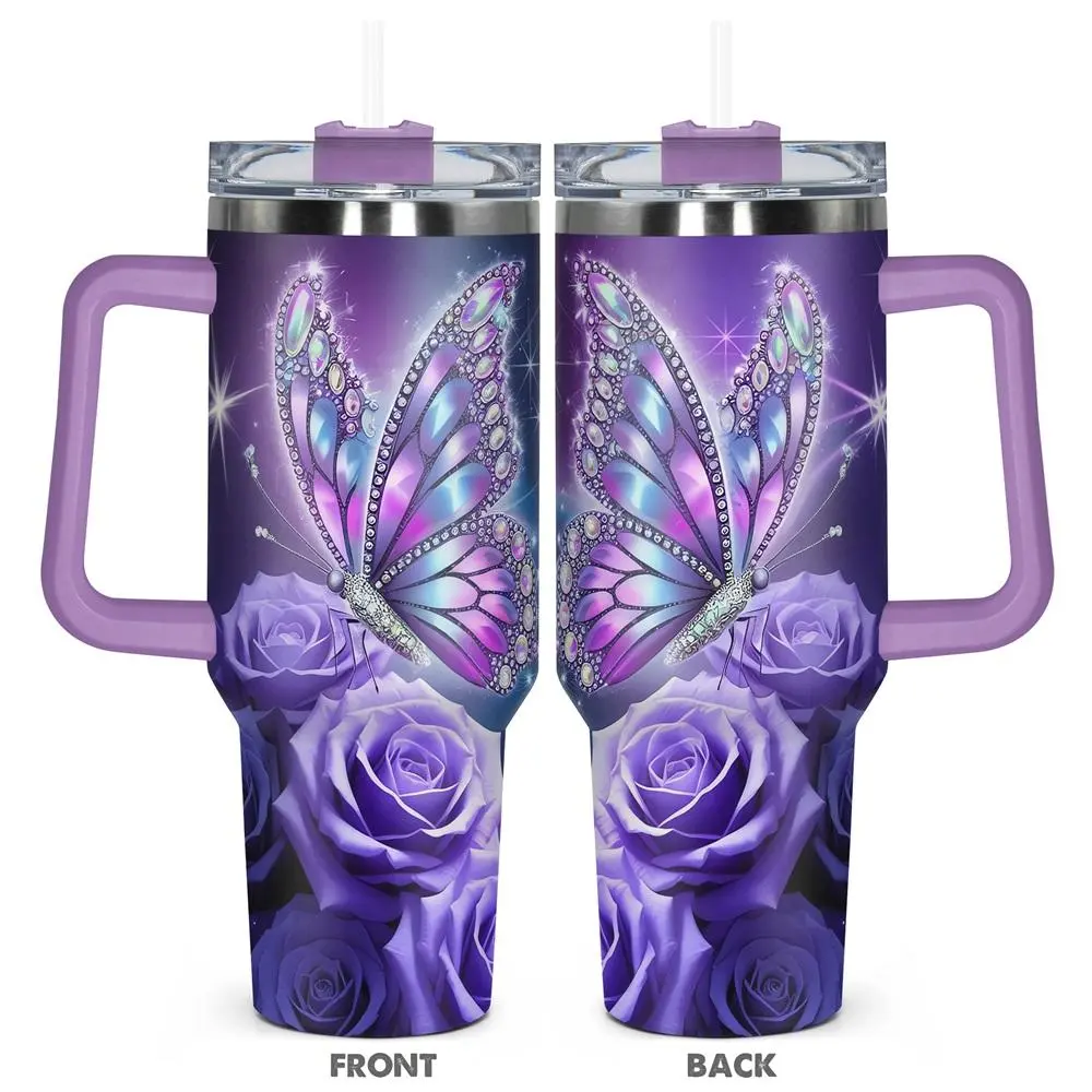 Butterfly & Rose Pattern Tumbler, 40oz Stainless Steel Insulated Tumbler with Lid, Gift for Birthdays, Holidays, or Special Moments for Family, Friends, Coworkers, Drinkware, Vacuum Insulated Flask