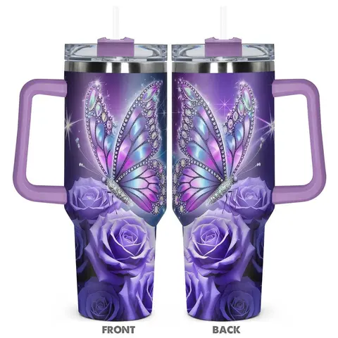 Butterfly & Rose Pattern Tumbler, 40oz Stainless Steel Insulated Travel Tumbler with Lid, Insulated Coffee Tumbler, Gift for Birthdays, Holidays, or Special Moments for Family, Friends, Coworkers, Drinkware, Vacuum Insulated Flask, Insulated Cups