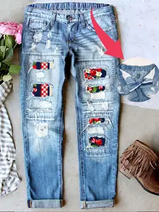 Women's Patch Ripped  Distressed Stretchy Waistband Boyfriend Patchwork Heart Geometric Unique Print Mid-Waist Jeans Fitted Denim Pants Woman's Casual Daily Wear Comfy for All Season Bottom
