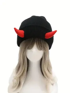 Unisex Street Style Devil Horn Knit Hat, Y2K Halloween Party Beanie, Colorblock Trendy Couple Cap, Fall Winter Warm Outdoor Hat