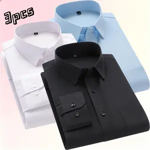 3-pack men’s basic solid-color long-sleeve dress shirts—lightly mature minimalist commuter formal style. Wrinkle-resistant, no ironing needed, smooth fabric that is skin-friendly and breathable, resists deformation. Classic stand collar paired with refine