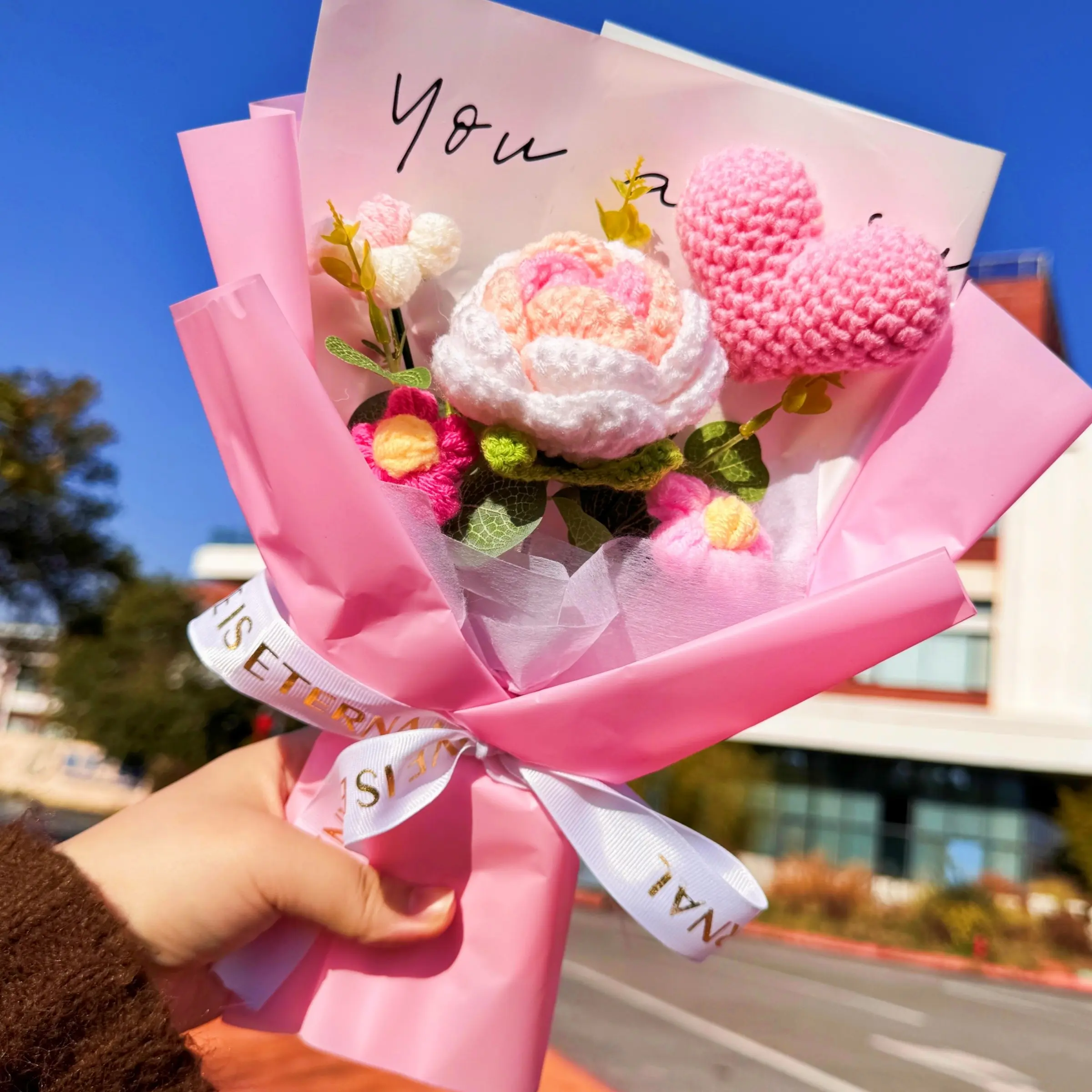 Hand-Crocheted Pink Bouquet—Roses, Bubble Flowers, and Love The Perfect Gift for Valentine's Day, Mother's Day, Gifts For Birthday, Birthdays, and Graduation Season Flower Gift Box Handmade Crochet Gift