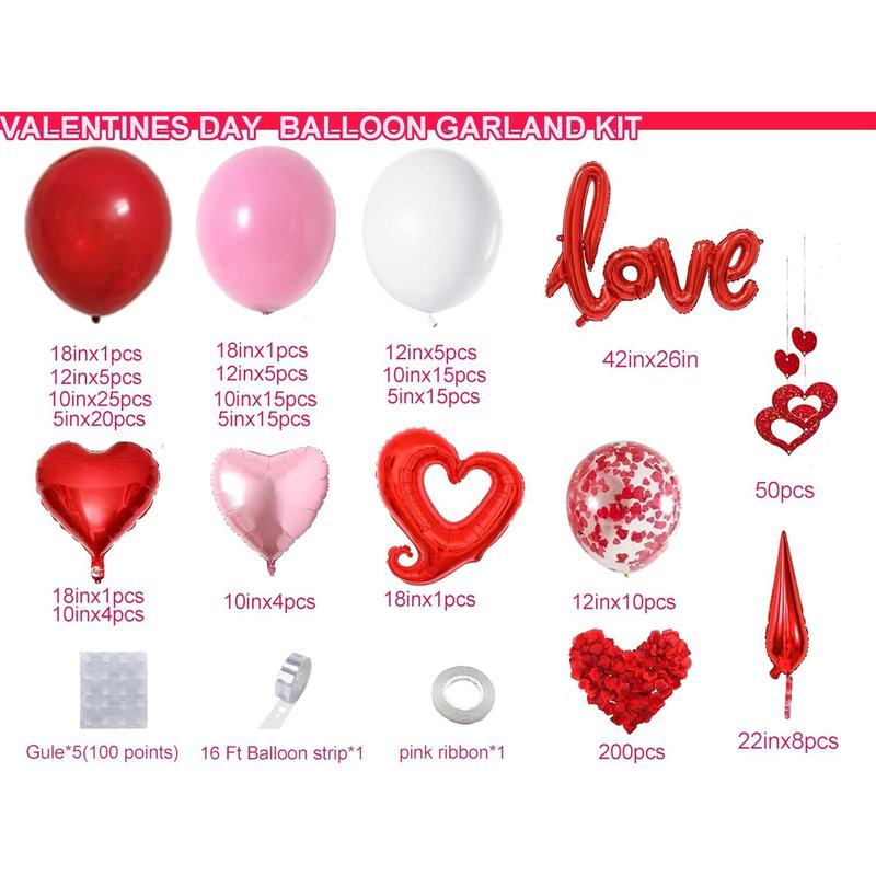 156pcs Valentines Day Balloon Arch Garland Kit with Pink White Red Confetti Heart Balloons Love Foil Balloons Explosion Star Balloons Rose Petals for Anniversary Wedding Romantic Decorations