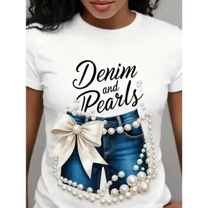 Women'S Denim And Pearls Graphic T-Shirt, Trendy White Short Sleeve Crew Neck Tee, Fashionable Bow & Pearl Print Top For Birthday Party, Trip, Casual Summer Streetwear
