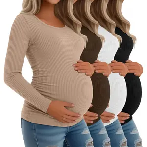 4 Pack Women's Maternity Shirts, Long Sleeve Cotton Ribbed Pregnancy Tee Top Crewneck Side Ruched Casual Mama Clothes2026