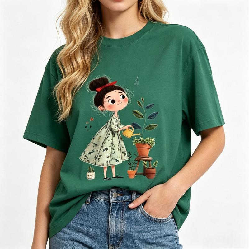 Women's Dark Green Oversized Crew Neck Graphic Tee - Cute Gardening Girl, Watering Can & Plants Print, Short Sleeve Tops, Lightweight Loose-Fit Y2K Aesthetic Casual Summer Streetwear Top
