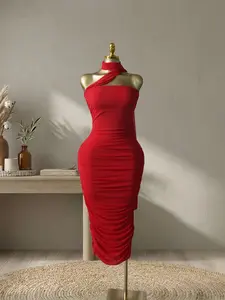 QFAF Red Ruched Bodycon Midi Dress for Women 2026, One Shoulder, Scarf Neck, Halter Design, Formal Elegant Dress with Stretch Fabric, Slim Fit Curve Hugging Dress for Valentine’s Day, Date Night, Party