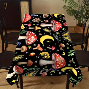 JIT-1pc Bohemian Mushroom Printed Tablecloth with Moon, Mushroom, Flower, Snail, Polyester Fiber, Polyester Tablecloth, Rectangular Tablecloth, Kitchen Accessories, Spring Gifts, Elegant Indoor and Outdoor Table Decoration