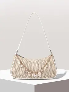 Vacation style fashionable and versatile atmosphere woven armpit bag, fresh and artistic style practical and beautiful shoulder bag, with pearl shell chain design, suitable for outdoor travel and shopping, Handbag Shoulder Bag