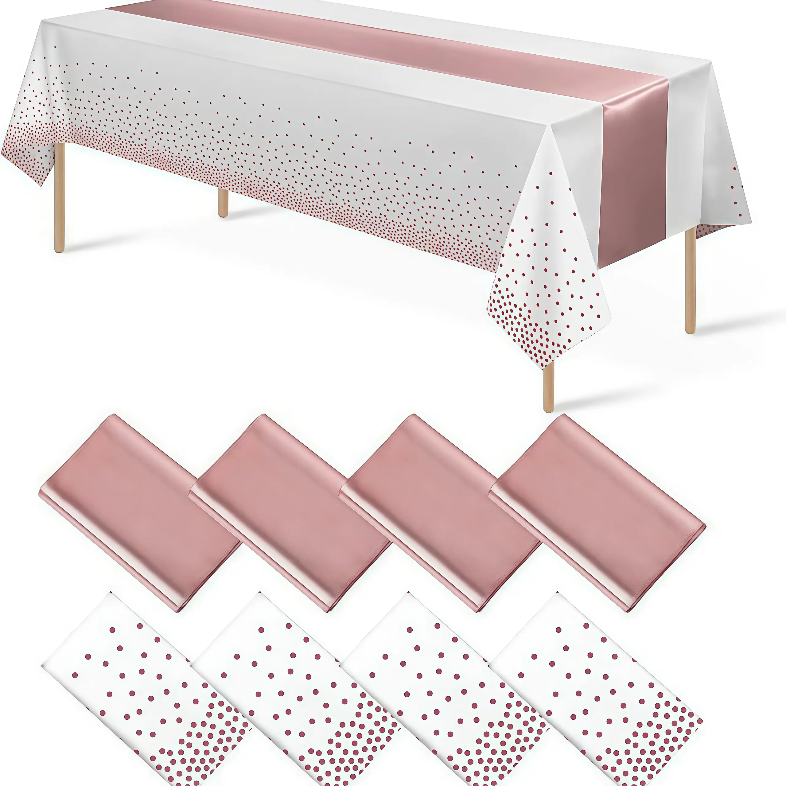 4 Packs White and Rose Gold Disposable Plastic Tablecloths and Satin Table Runner Set, 54 x 108 Inch Tablecloth, 12 x 108 Inch Table Runners for Wedding Graduation Birthday Baby Shower