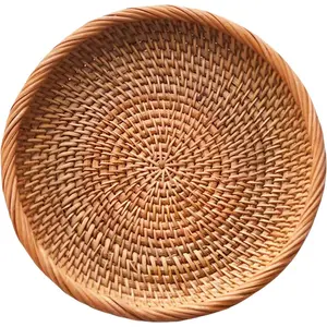 7.5" Small Rattan Fruit Bowl & Wicker Entryway Tray - Handwoven Round Basket for Candy, Nuts,  & Tabletop Decor - Decorative Catch- Organizer for  and Office