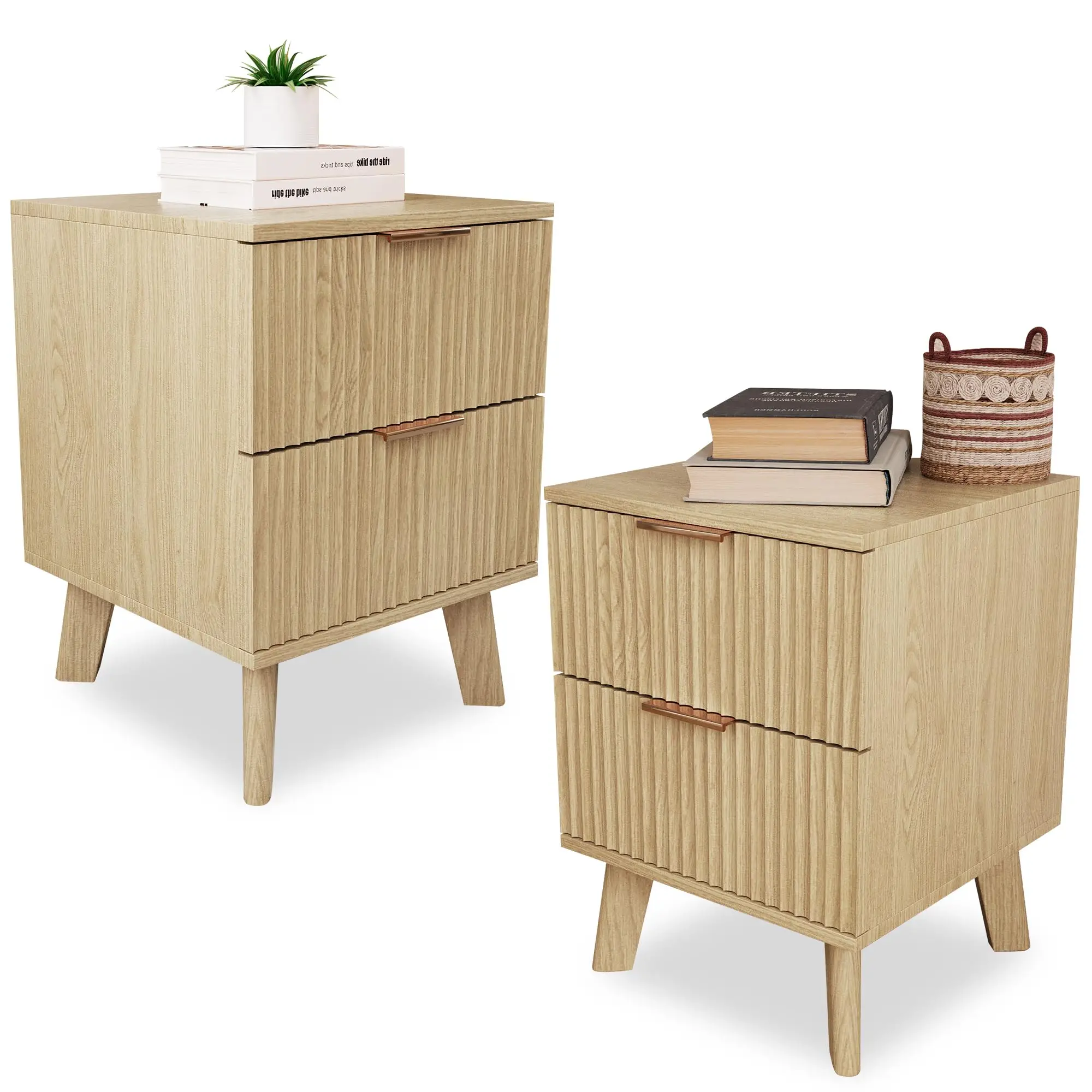 Giratree Nightstands Set of 2 with Drawers, Modern Large Striped Bed Side Table with 2 Drawers, Mid Century Modern Night Stand with 2 Drawers, Bedside