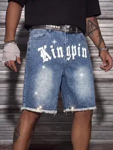 Summer Letter Embellished Sequin Jeans Shorts, Men's Fashion Comfortable and Stylish Casual Design, Trendy Street Style