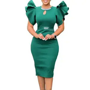 D580 Women's Emerald Green Ruffle Sleeve Bodycon Midi Dress with Rhinestone Trim Cutout for Formal Office Party Events Elegant Womenswear - Piece Fit Chic Style