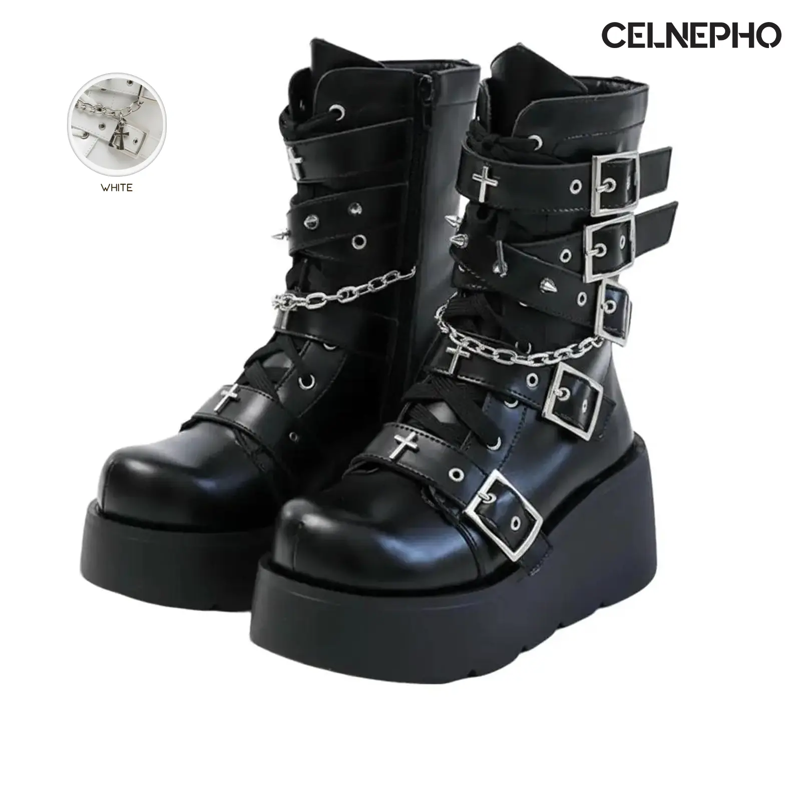 CELNEPHO Womens Ankle Boots Round Toe Platform Heel Lace up Design Fashionable Metal Revet Goth Booties Side Zipper Adjustable Buckle Easy Pull on Punk Combat Boot Party Gift Motorcycle Ridding Cassual Wear Trendy Dress Shoes