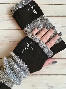Women's Vintage Knit Warm Thermal Insulated Gloves for Cold Weather with Embroidered Cross Design, Elastic Comfortable Full Finger Mitts for Fall Winter Daily Wear