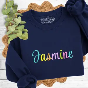 Custom Multi Color Name Sweatshirt with "Jasmine" Design, Collared, Fleece, Ribbed, Comfy Fit, Personalized, Navy Color