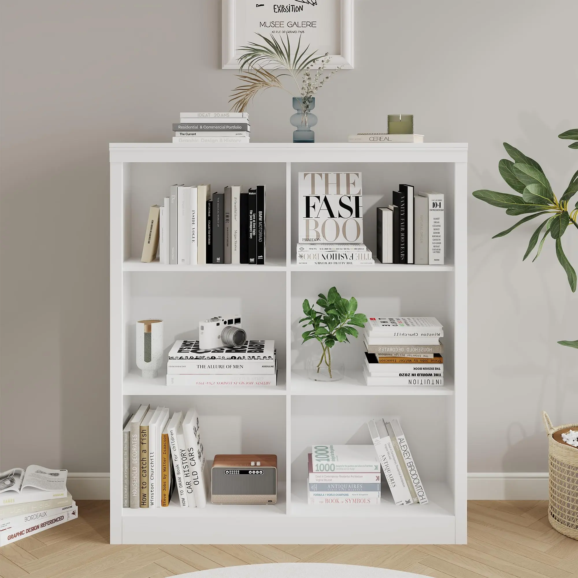 Garvee and Garvee 6-Cube Storage Organizer Bookshelf with Farmhouse Wooden Design, Open Shelves, Horizontal Standing Display Cabinet, 53-Inch Tall Modern Organizer for Home Office, Living Room, and Bedroom