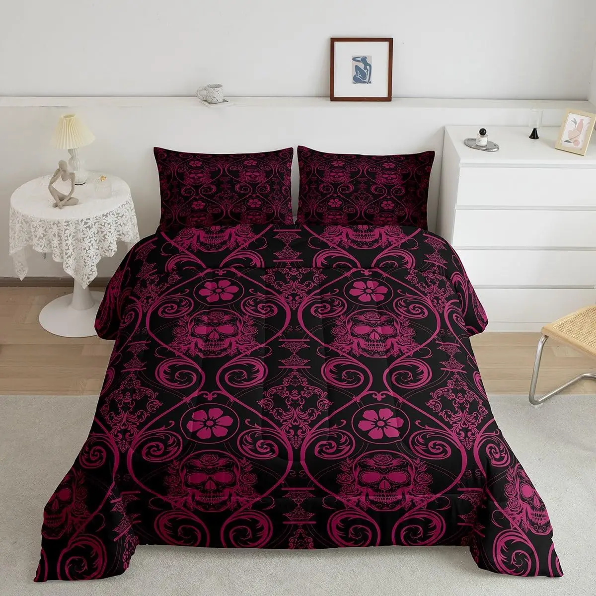 Feelyou Breathable Duvet Set - Pink Floral Damask, Oriental Antique, Exotic Sugar Skull Rose, Gothic Romantic Design - Gothic Romantic, Pink Floral, Rose Pattern Bedroom Bedding Set, Gothic Romantic Duvets