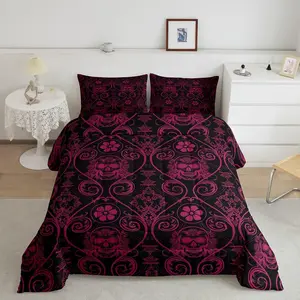 Pink Vintage Damask Floral Comforter Set,Oriental Antique Comforter,Exotic Sugar Skull Rose Bedding Set,Gothic Bohemia Duvet Set