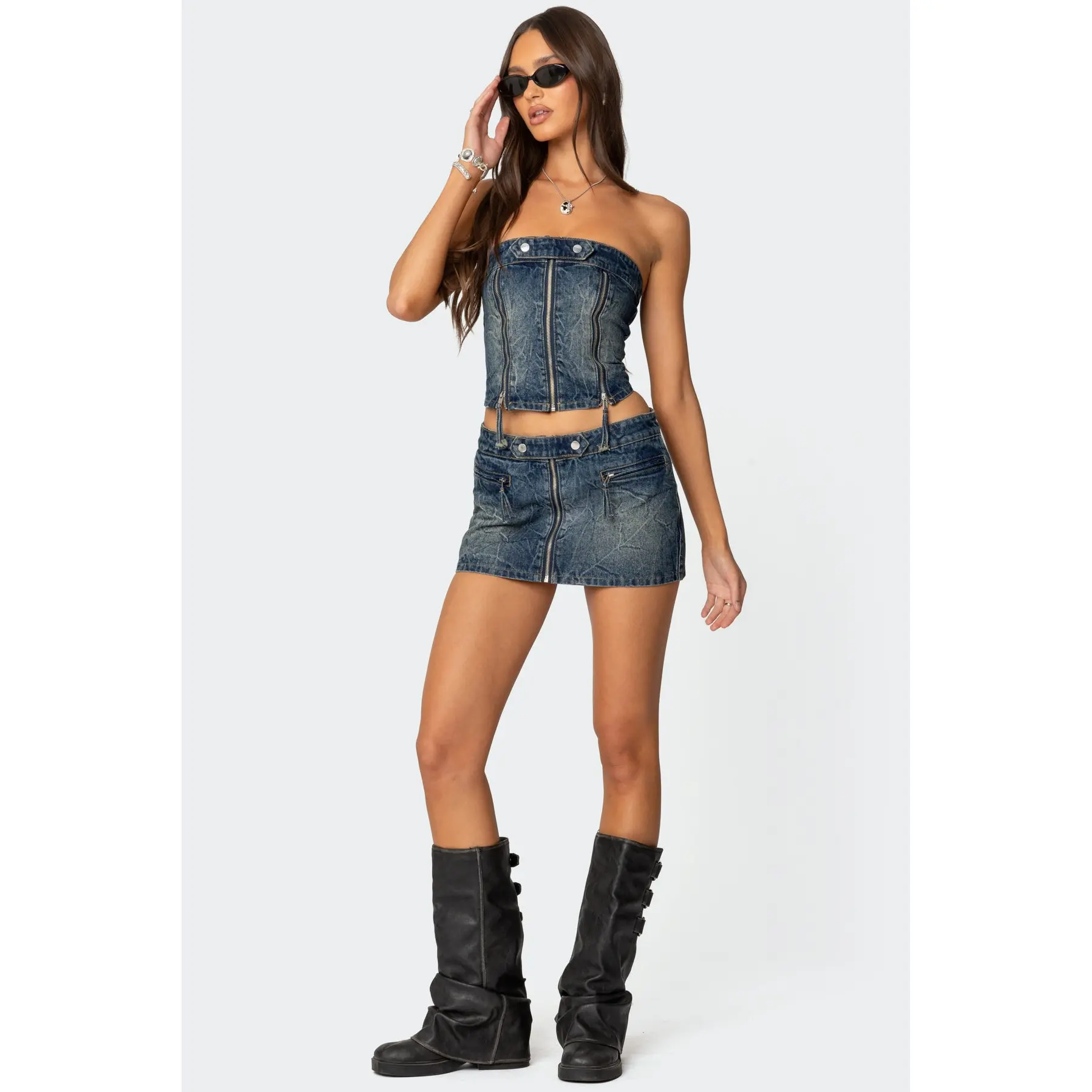 Guinevere Zip Washed Denim Mini Skirt