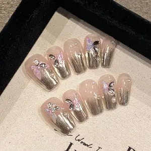 [Glacier] Medium Coffin Handmade Press on Nails, Fake Nails with Nail tool kit with Jelly Stickers, Reusable, Durable