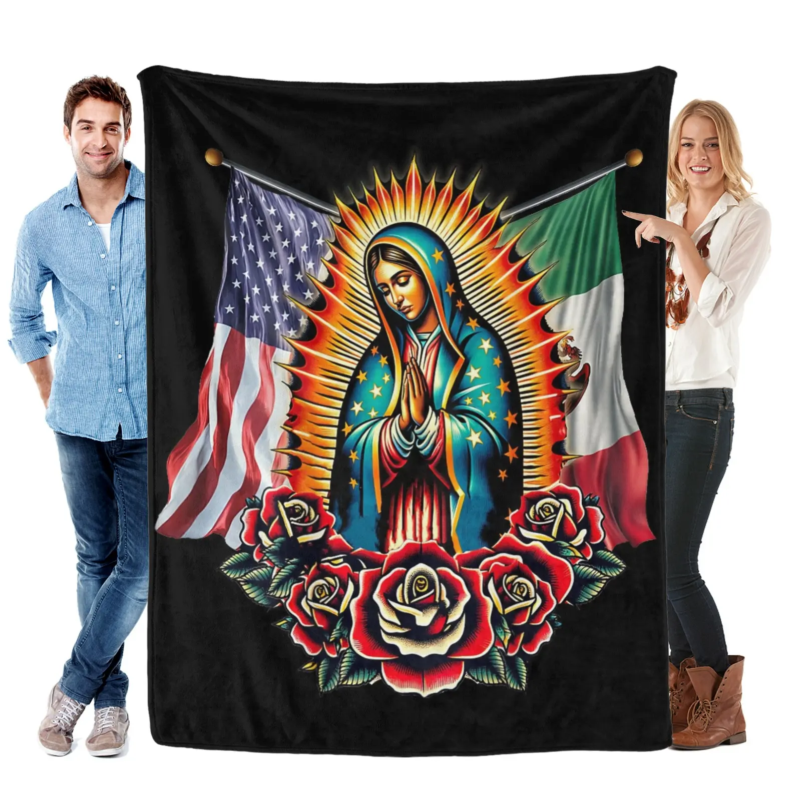 Virgen De Guadalupe Virgin Mary Mexican American Flag Flannel blanket Super Soft Flannel Blanket for Sofa Couch Bed Camping Travel - Plush Warm Home Decor for All Seasons, Blankets