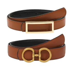 2Pcs/Set Fashion Reversible Leather Belt for Women Two-in-One Skinny Belts for Jeans Dress with Golden Buckle Gifts
