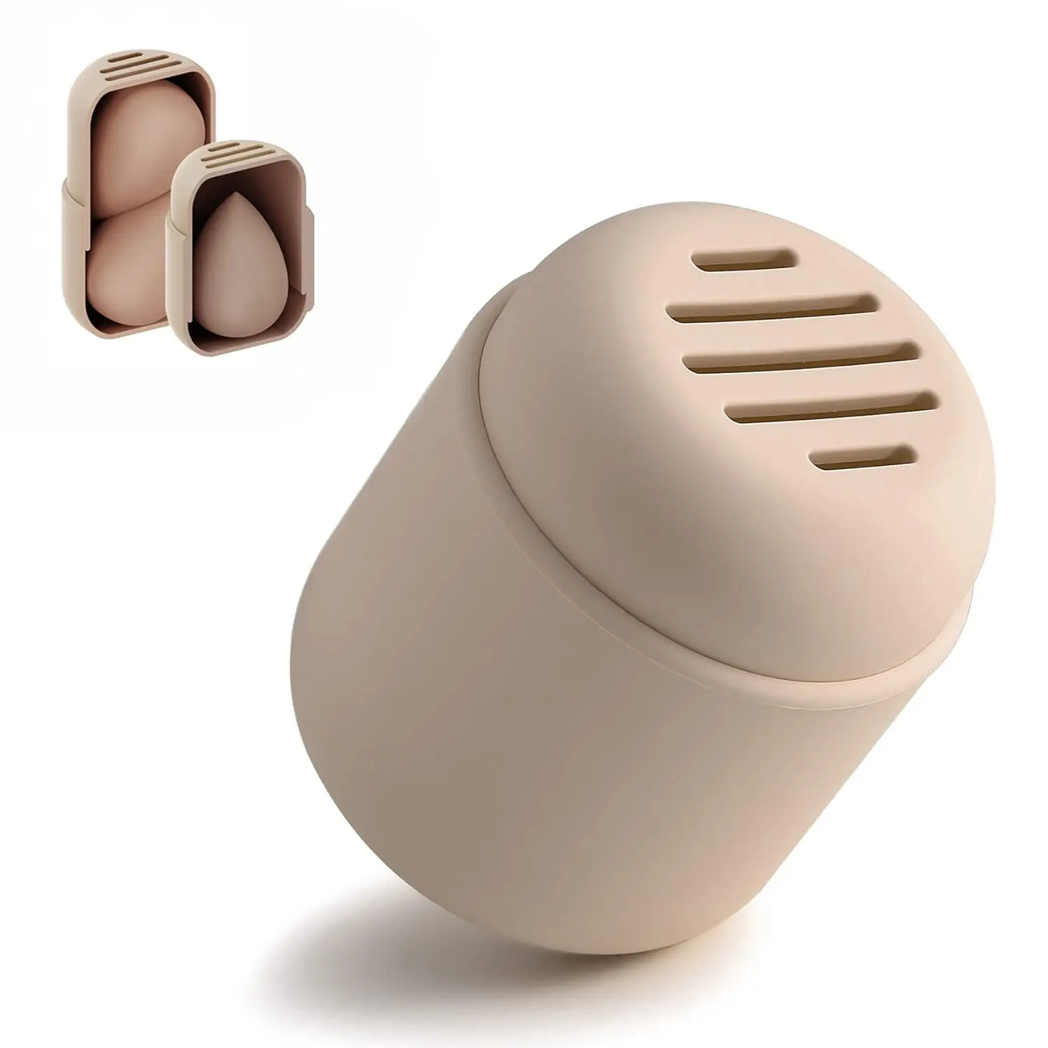 Silicone Makeup Sponge Holder & Travel Case - Capsule Shape, 2.98*2.28*2.28in, Vented Hygienic Quick Drying Sponge Dryer, Silky Shatterproof Double Sided Storage for 2 Beauty Blenders, Portable Extendable Compact Cosmetic Cleansing Tool, Khaki Gift